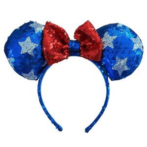 Patriotic Sequin Mickey Mouse Ears Headband For Adults & Kids - Blue With Red Bo